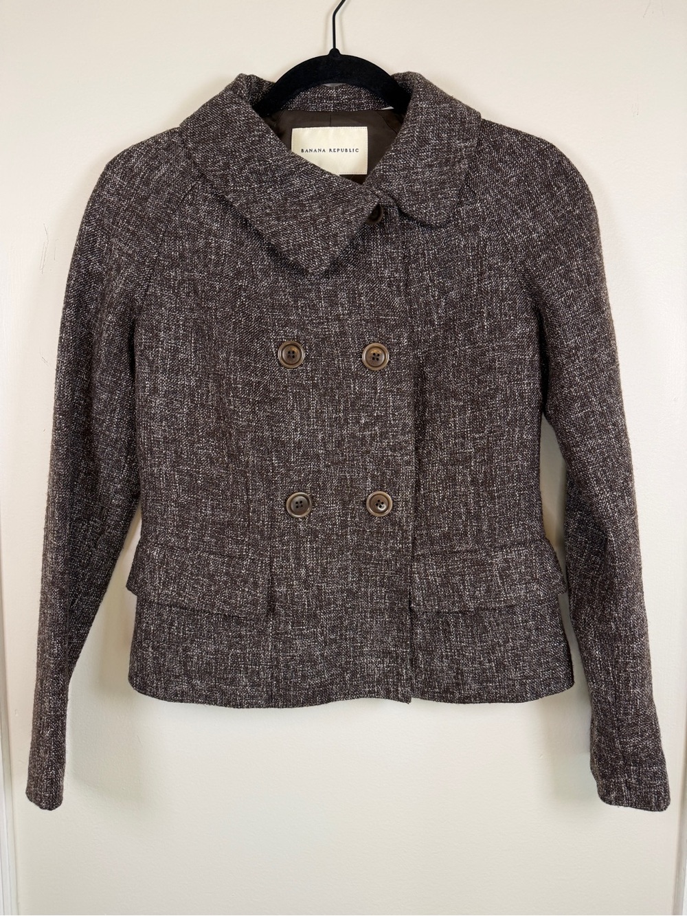 Banana Republic Wool Blend Tweed Jacket Brown Cream Double Breasted Peacoat 0 XS